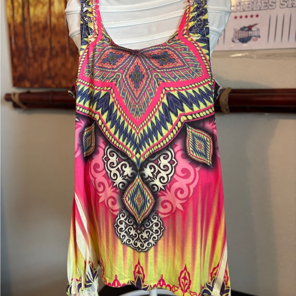 Pink and Yellow Sleeveless Graphic Tank Top cosmic southwest